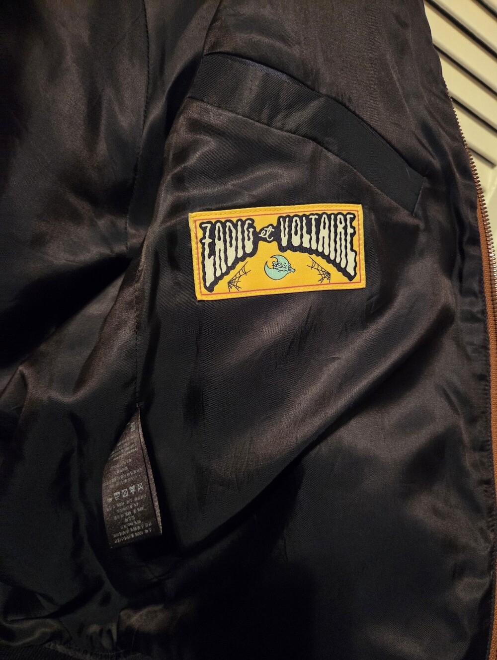 Zadig & Voltaire Satin Bomber Jacket in Brown and Black with Graphic Back -Sz SM - Picture 8 of 13